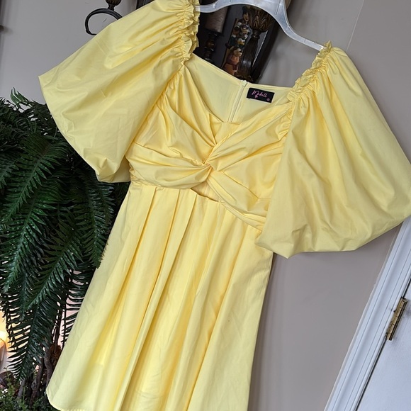 Vintage MABELL NWOT Yellow Puff Sleeves Mini Dress Cutout Gathered Ruched Spring - Picture 4 of 14